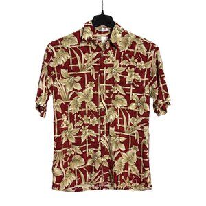 Vintage Y2K Pierre Cardin Hawaiian Button Front Shirt M Floral Leaves Red Beige